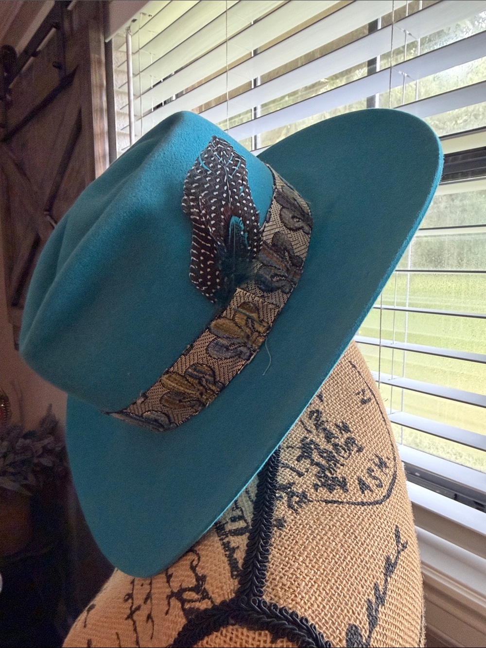 Turquoise Felt Fedora Hat with Decorative Band and Feather, Women’s Hat